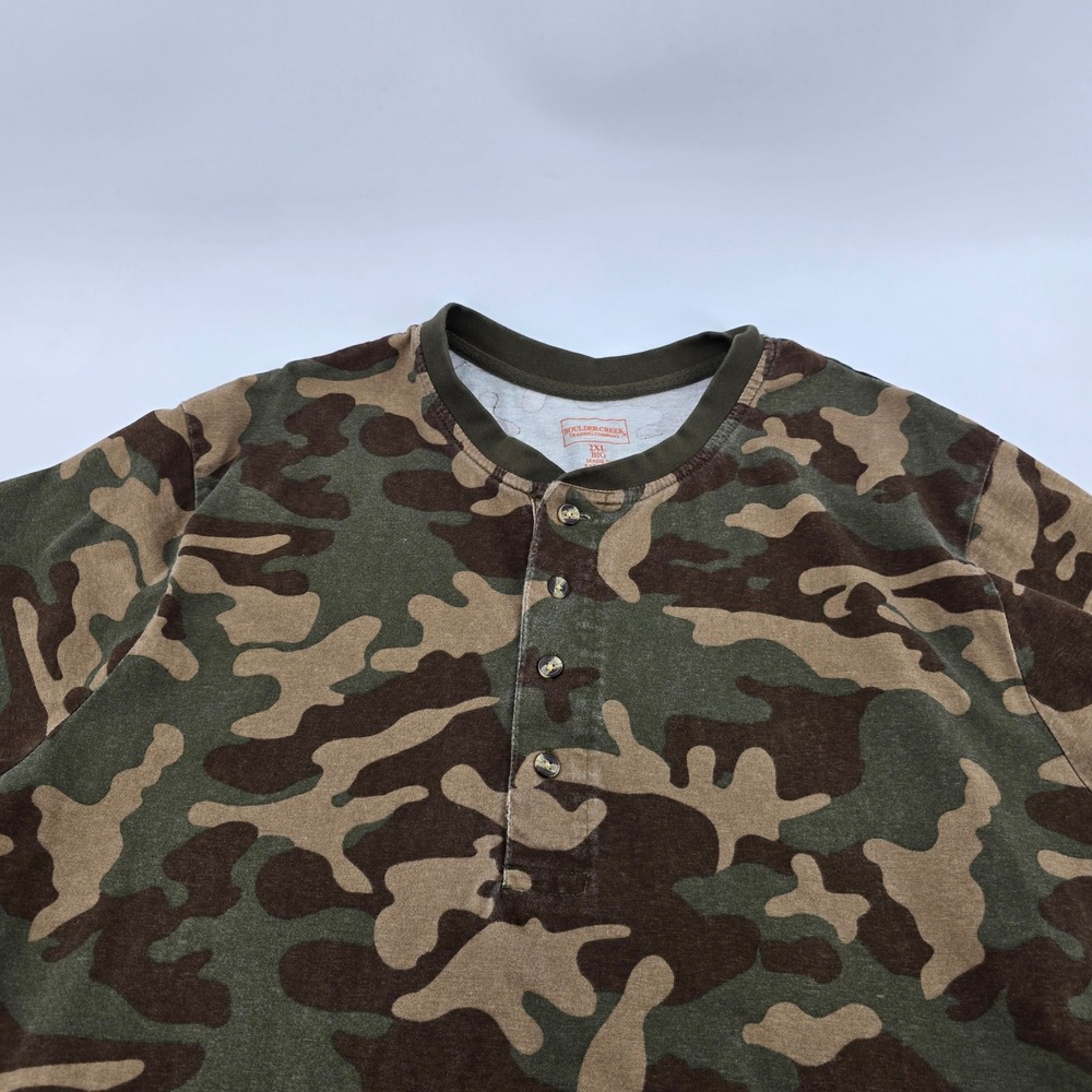 Boulder Creek Henley Shirt Mens Short Sleeve Camo Green Brown 2XL Big